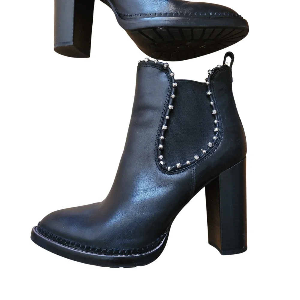 Sam Edelman Black‎ Leather Studded Chelsea Ankle Boots Block Heel Salma 8.5